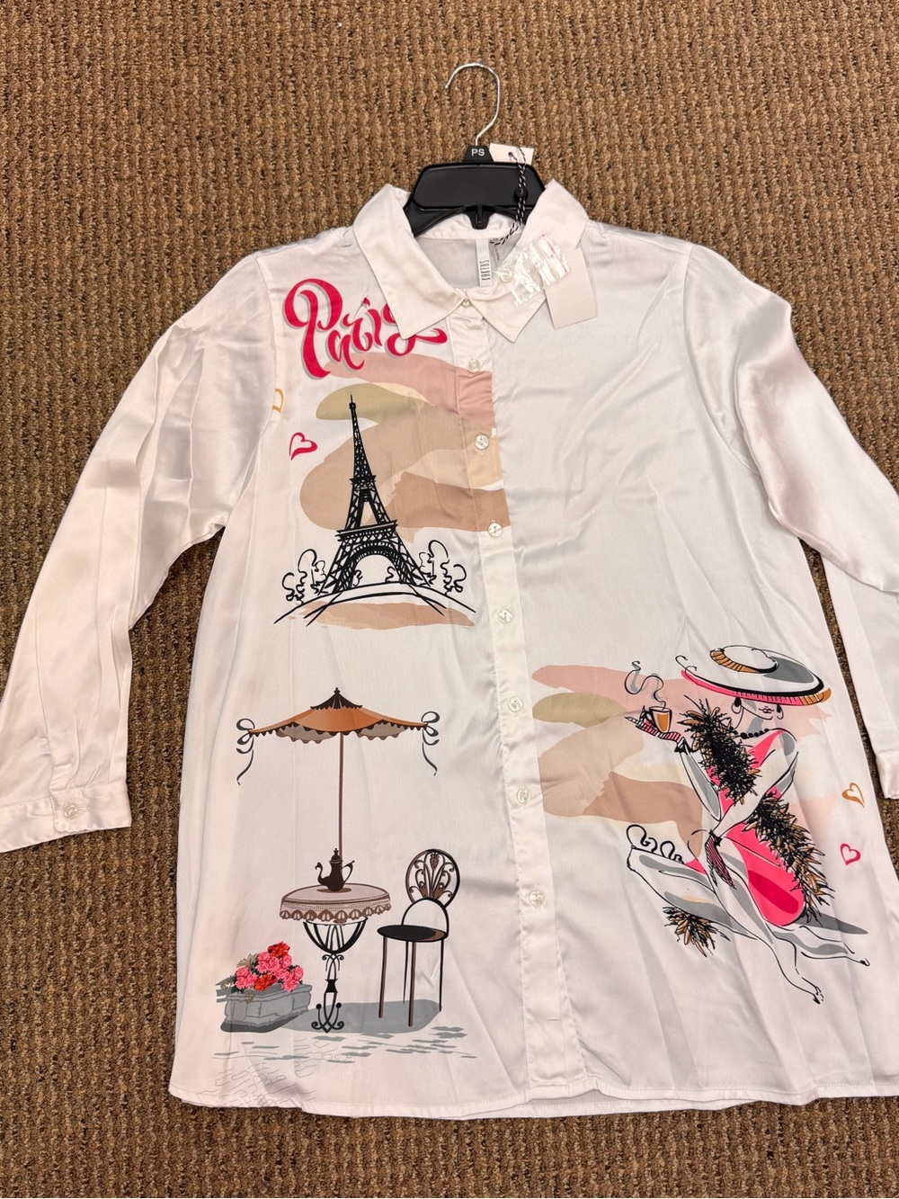 Kaktus White Paris Print Button-Up Blouse with Pink & Tan Accents